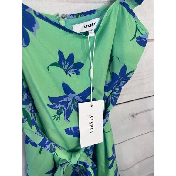 Likely Charlotte Mini Dress Size 6 Blue Green Floral Ruffle Tie Waist Flowy - Picture 5 of 7